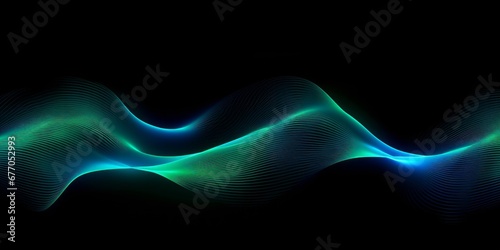 3D  wave lines pattern smooth curve flowing dynamic blue green gradient light isolated on black background for concept technology, digital, communication, science, Generative AI photo
