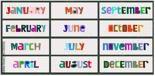 Names of months. for print, invitation or greeting cards, brochures, poster, calendar, planner, diary, t-shirts, mugs. Unique designed hand drawn letters,