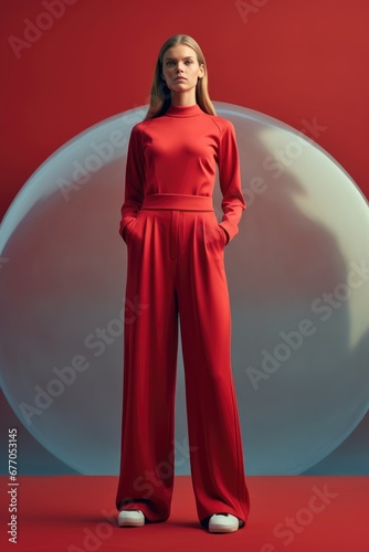 The Bold Red Jumpsuit: A Woman's Standout Fashion Statement Against Vibrant Background photo