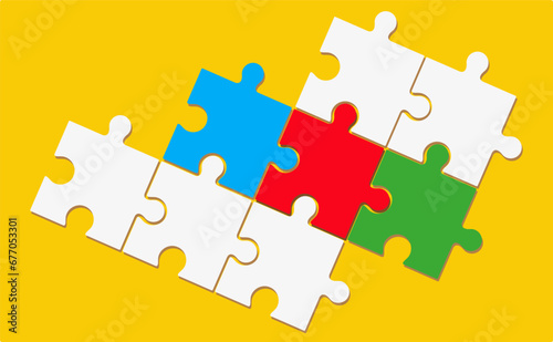 Three puzzle elements connected to each other. Vector drawing.