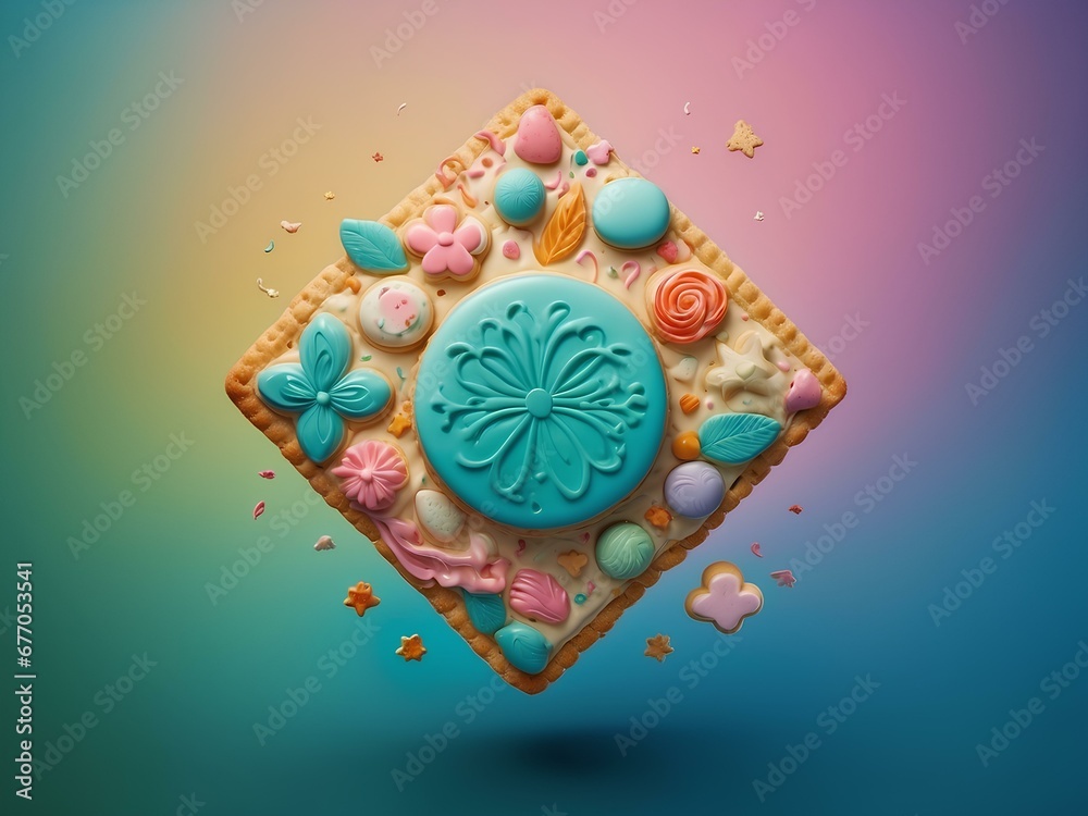 delicious cookie with cream in the shape of flowers and plants, blank background, for design, isolated