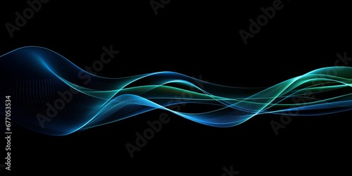 abstract light lines wavy flowing dynamic in blue green colors isolated on black background for concept of AI technology, digital, communication, 5G, science, Generative AI