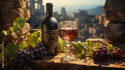 old bottle of red wine with wine glass and grapes fruit with beautiful blurred old castle and greenery background  created with Generative AI Technology © AstraNova