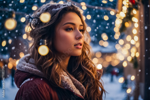 Woman's portrait against the backdrop of holiday lights in the snowy twilight