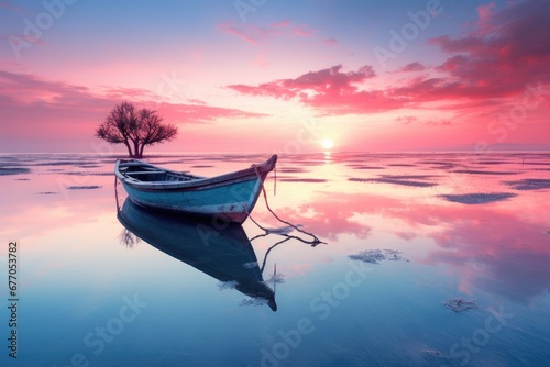 A Serene Journey  A Small Boat Gliding Over a Tranquil  Reflective Body of Water