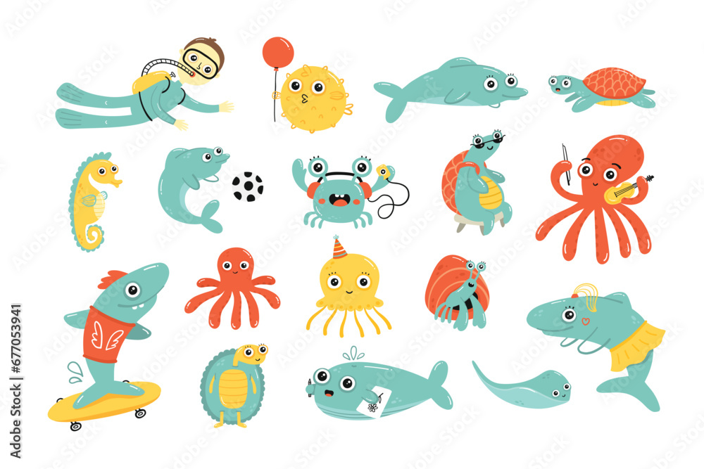 Naklejka premium Sea life set elements vector illustration