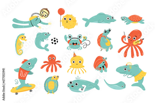 Sea life set elements vector illustration © Juliya Kochkanyan