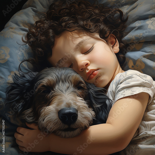 Cute little girl sleeping with her puppy