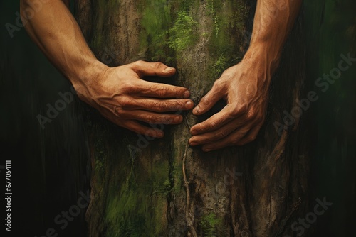 Nature's Embrace: A Serene Painting of Interlocked Hands on a Weathered Tree Trunk