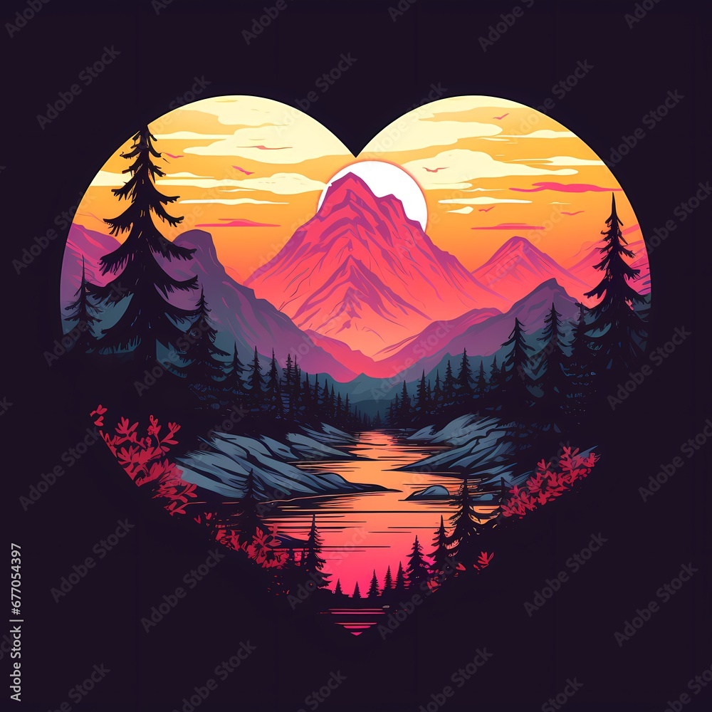 Heart - shaped image of mountain lake at sunset.