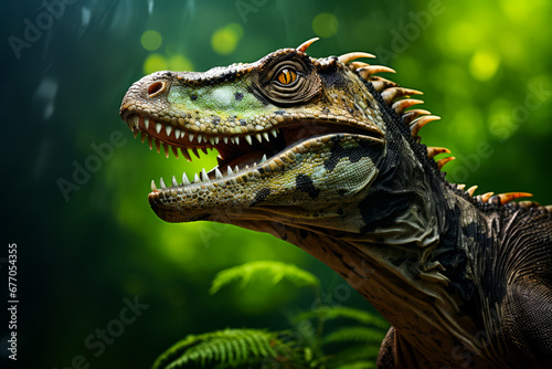Close up of dinosaur s head with its mouth open.