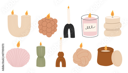 Set of trendy wax aroma Candles.Home design, interior concept.Modern flat cartoon style.