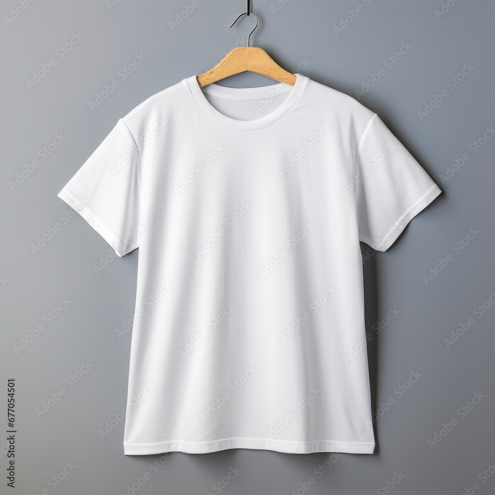 A Crisp White T-Shirt on a Rustic Wooden Hanger A Crisp White T-Shirt on a Rustic Wooden Hanger
