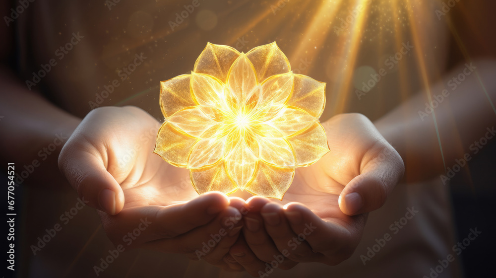 beautiful feminine hands holding the flower of life magically glowing with healing heavenly rays of golden light created with Generative AI Technology - obrazy, fototapety, plakaty 