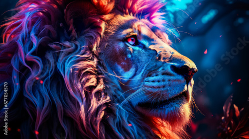 Close up of lion's face with bright colors.