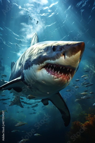 Great white shark with its mouth open in the water.