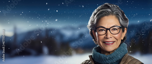 Winter themed senior woman wearing glasses with room for copy space created with Generative AI technology 