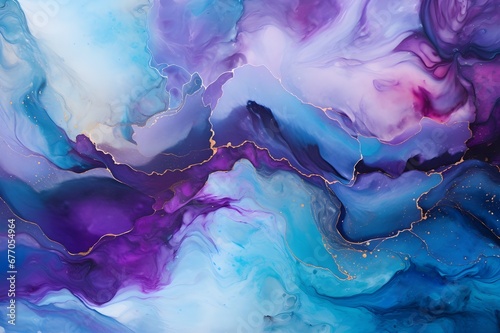 Abstract fluid art background in diferent shades  of blue and purple with golden lines. Liquid marbles  photo