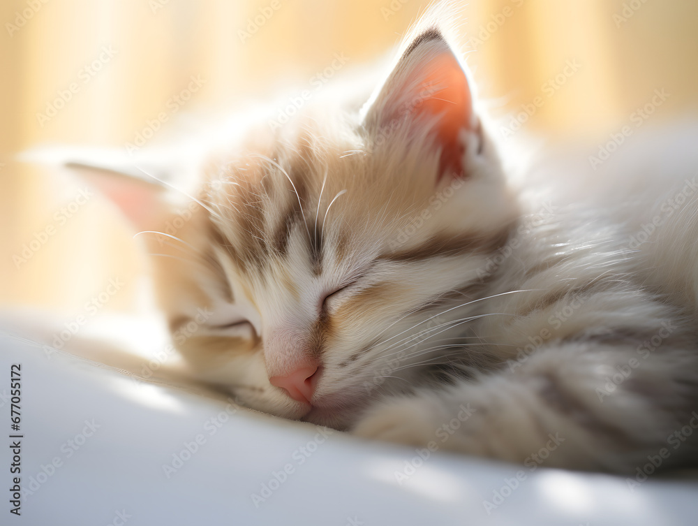 Cute little kitten sleeping on white bedding, closeup.