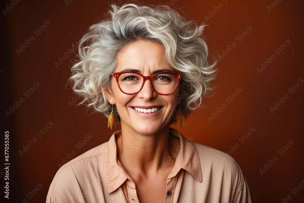 Woman with glasses smiling for picture with brown background.
