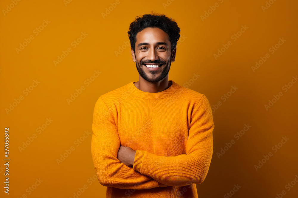 Man with beard and yellow sweater is smiling.