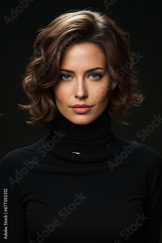 Woman with black turtle neck sweater and black background.