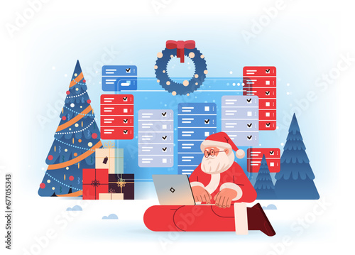 santa claus in red costume making complete tasks on checklist happy new year merry christmas holidays celebration