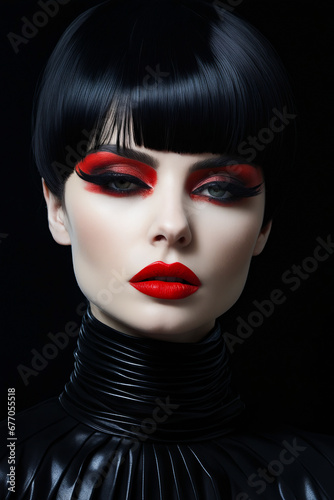 Woman with black hair and red lipstick wearing choker.