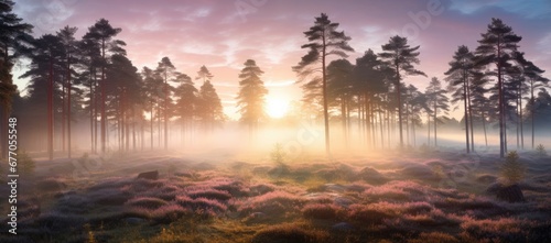 Mystical Morning  The Sun s Golden Rays Pierce Through Misty Forest Canopy