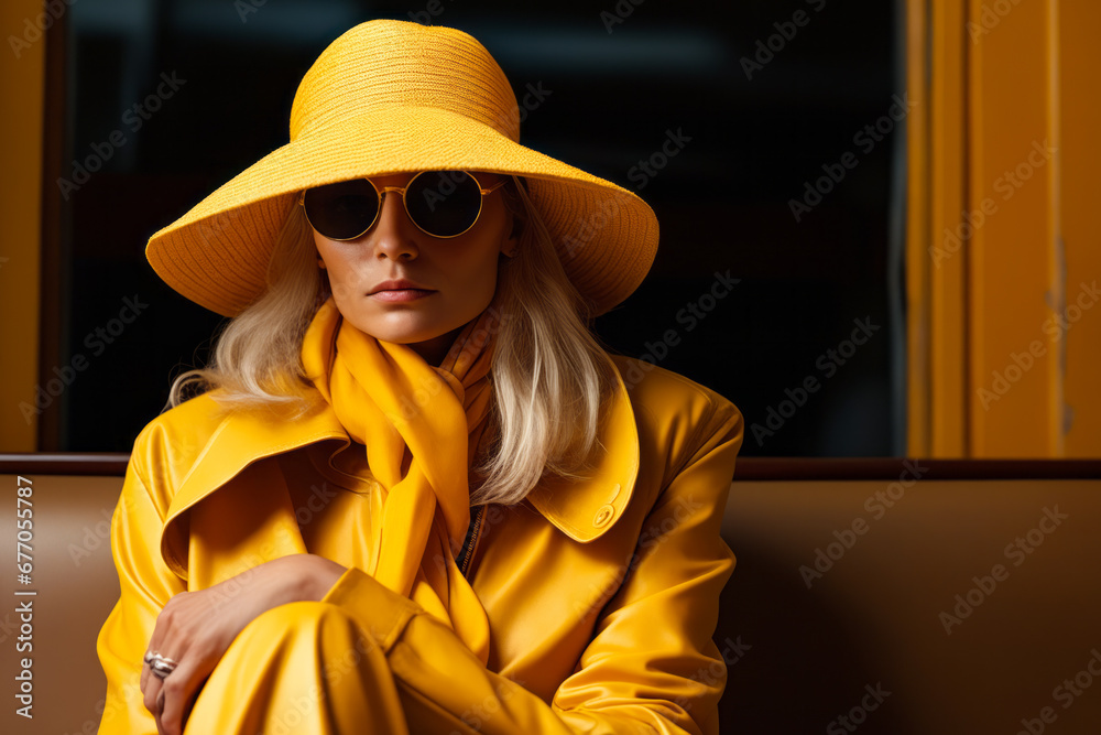 Woman wearing yellow hat and sunglasses sitting on bench.