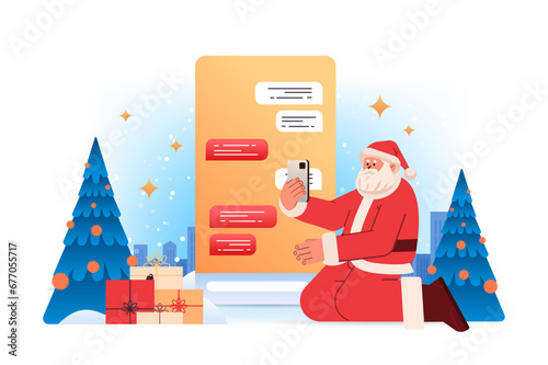 santa claus in red costume chatting in mobile app on smartphone screen online communication happy new year merry christmas holidays