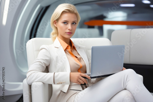 Woman in white suit sitting on white chair with laptop.