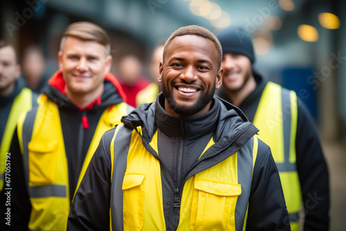Man in yellow vest smiles at the camera while other men in black and yellow vests stand behind him.