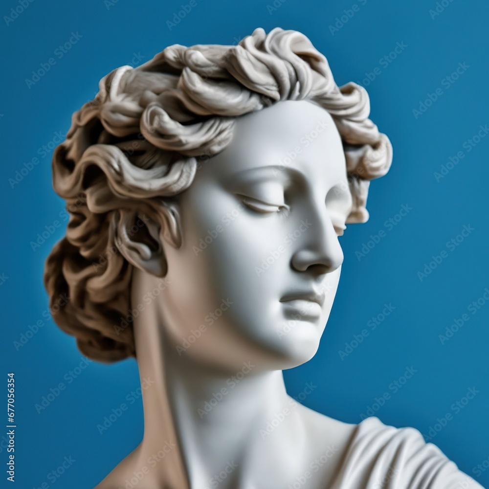 antique statue of a female head on a blue background. beauty of face and hair. antique statue of a female head on a blue background. beauty of face and hair.