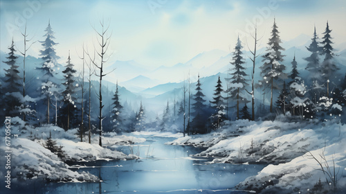 An abstract watercolor background of a serene winter scene, with soft washes of color suggesting snow-covered landscapes and pine trees, blending traditional holiday motifs with artistic expression