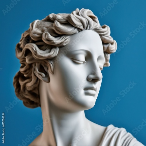 antique statue of a female head on a blue background. beauty of face and hair.