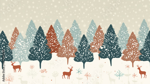 graphic background of retro-inspired holiday patterns, with stylized reindeer, snowflakes, and Christmas trees in a vintage color palette