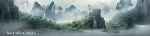 Misty Mountains  A Serene Painting Capturing the Enchanting Beauty of Foggy Mountain Landscape