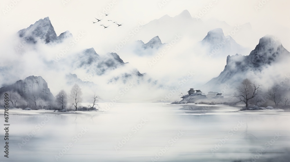 mountain range in the mist, chinese ink wash painting, copy space, 16:9