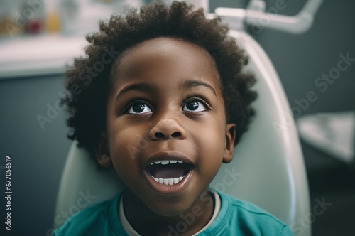 African american child at dental clinic happy face. Cute portrait with open oral mouth. Generate Ai photo