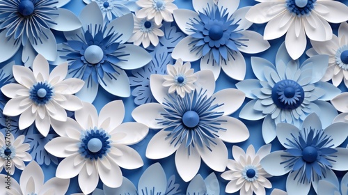 paper quilting blue and white flowers seamless pattern, copy space, 16:9