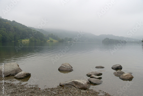 The shores of Grasmere in mist and drizzle in the Lake District