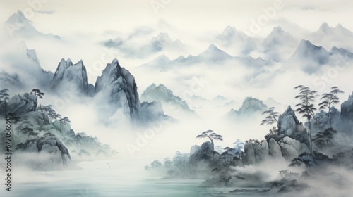 mountain range in the mist, chinese ink wash painting, copy space, 16:9