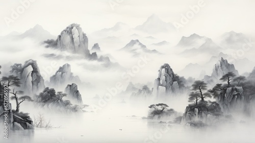 mountain range in the mist, chinese ink wash painting, copy space, 16:9 photo