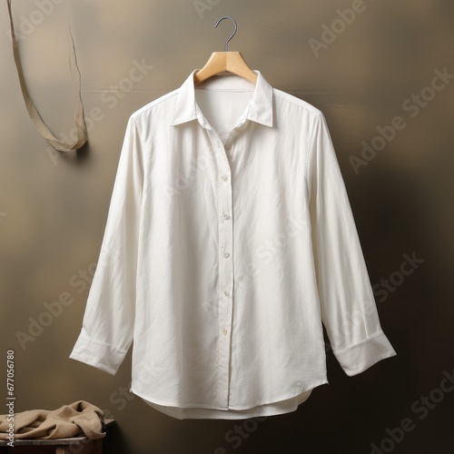 a white shirt hanging on a hanger