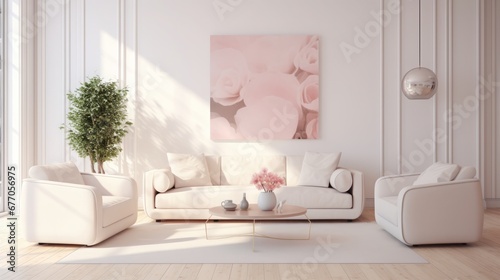  living room render  realistic warm minimalistic style  pale pink decoration white walls  copy space  16 9
