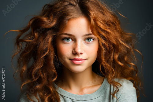 Young girl with red hair and blue eyes is posing for picture. photo