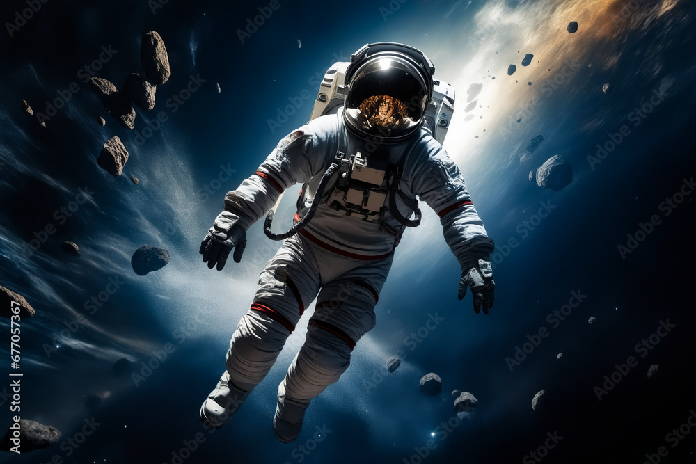 Man in space suit floating in the air.