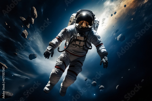 Man in space suit floating in the air.