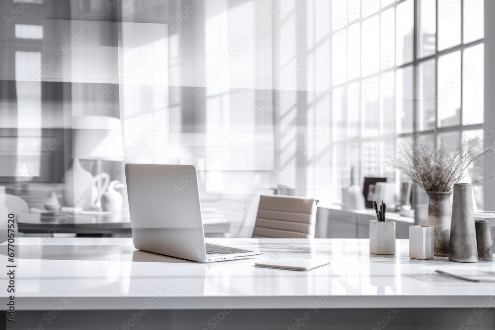 Bright office with desk and laptop, in the style of blurred imagery, light white and light gray, background, shallow depth of field, selective focus Bright office with desk and laptop, in the style of blurred imagery, light white and light gray, background, shallow depth of field, selective focus
